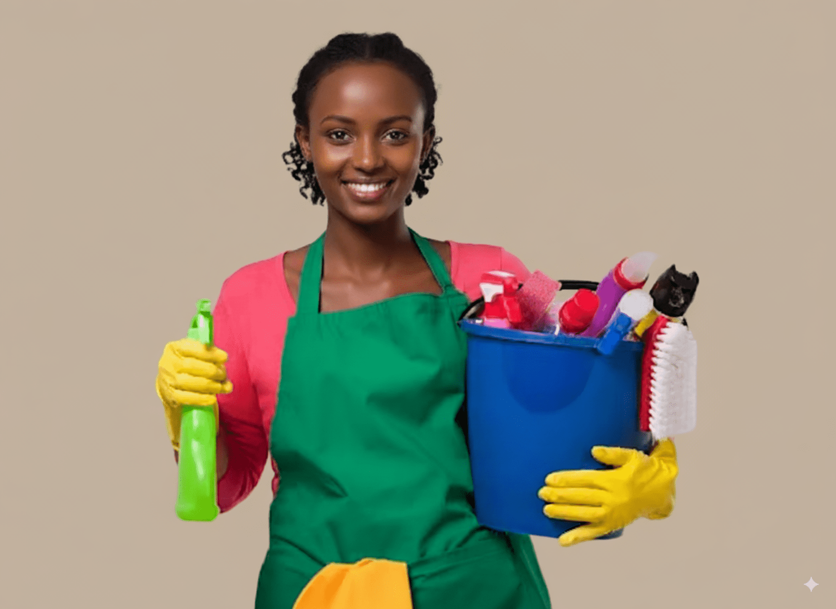 Maid holding cleaning supplies